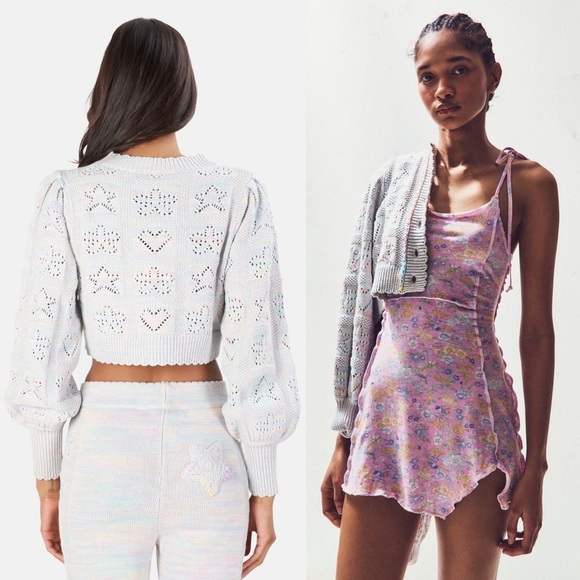 LOVESHACKFANCY Pastel Rainbow Star & Heart Pointelle Cropped Cardigan Sweater L - Picture 11 of 13
